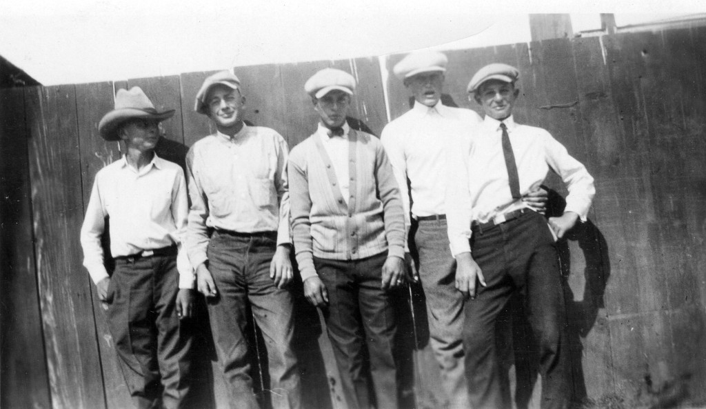 Ranch hands on a ranch near Mission (probably Howard Lamaroux ranch,  north of Valentine in Todd County). From left to right: Unknown, Shirley Lucas, Ken Lucas, Ed Penney (?), Unknown